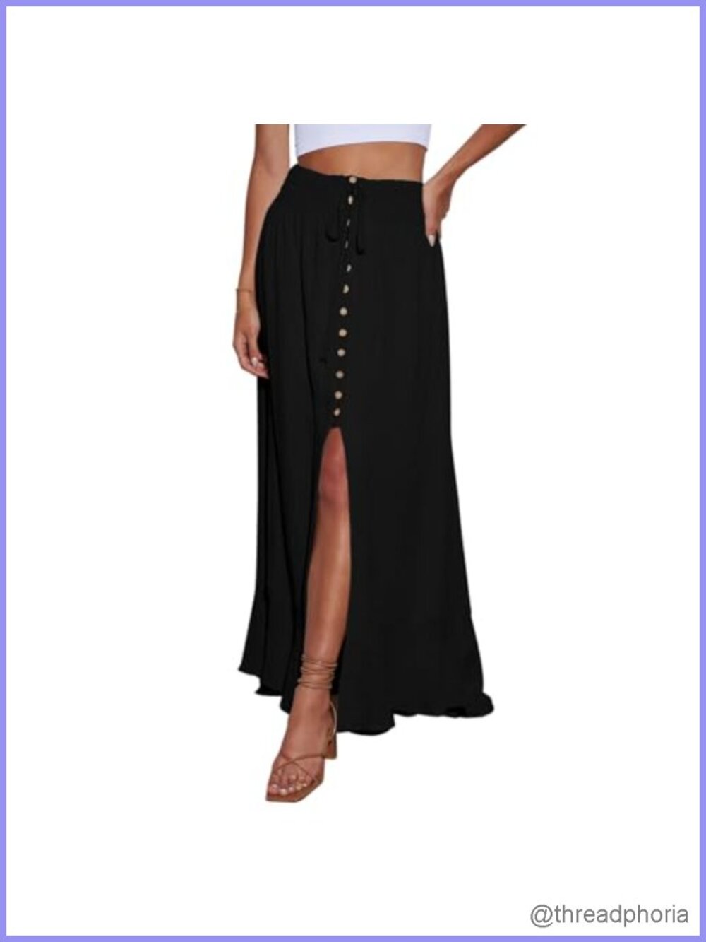 Boho Tie Waist Button Down Maxi Skirt Slit Front Flowy Casual